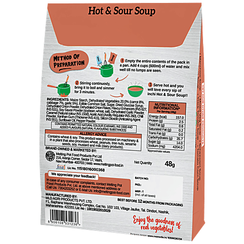 Inchi Hot & Sour Soup With Real Vegetables - Cook-Up For Any-Time, Ready In 5 Minutes, 48 g Mono Carton