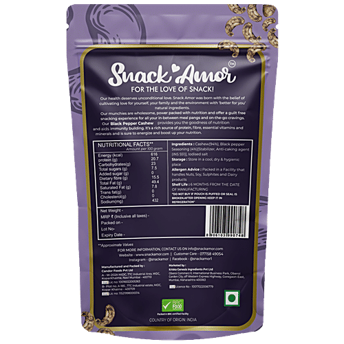 SnackAmor Black Pepper Cashews - Fibre-Rich, High In Protein, No Added Sugar, 170 g  