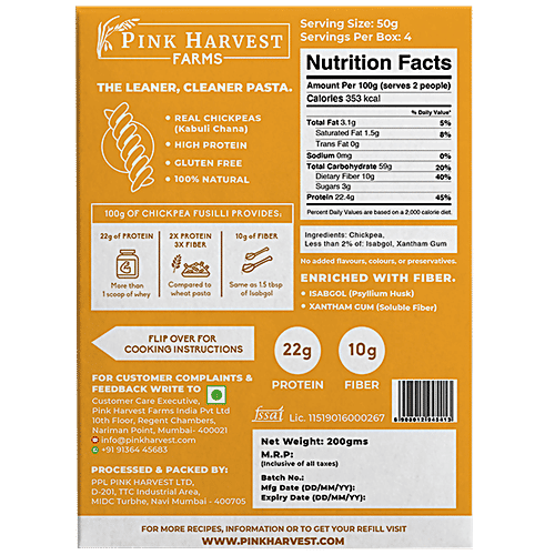Pink Harvest Farms Chickpea Fusilli Pasta - No Wheat & Rice, Plant-based Protein, Enriched With Fiber, 200 g  