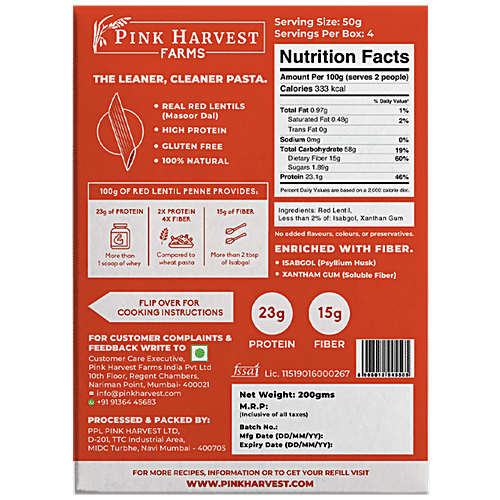 Pink Harvest Farms Red Lentil Penne Pasta - Masoor Dal, Plant-based Protein, No Wheat/Rice, 200 g  