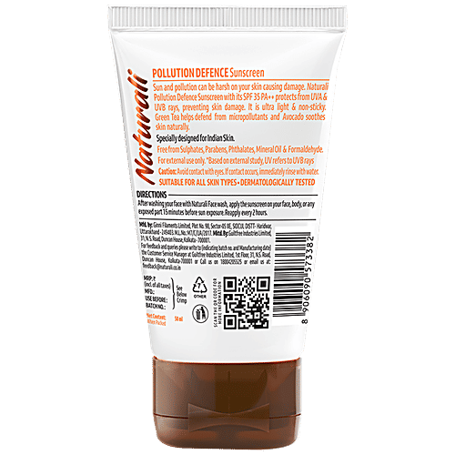 Naturali Pollution Defence Sunscreen - With Green Tea & Avocado, SPF 35 PA++, Protects From Sun & Pollution, 50 ml