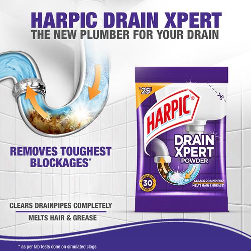 Harpic Drain Xpert Drain Cleaning Powder - Removes Blockages In 30 Mins, For Washbasins, Sinks, Bathrooms, 50 g  