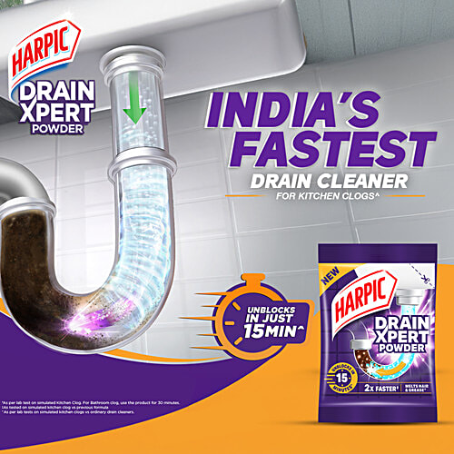 Harpic Drain Xpert Cleaning Powder, 360 g (8 x 45 g) Removes Blockages In 15 Mins, For Washbasins/Sinks/Bathrooms