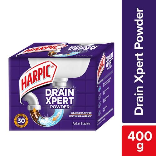 Harpic Drain Xpert Drain Cleaning Powder - Removes Blockages In 30 Mins, For Washbasins, Sinks, Bathrooms, 50 g (Pack of 8) 
