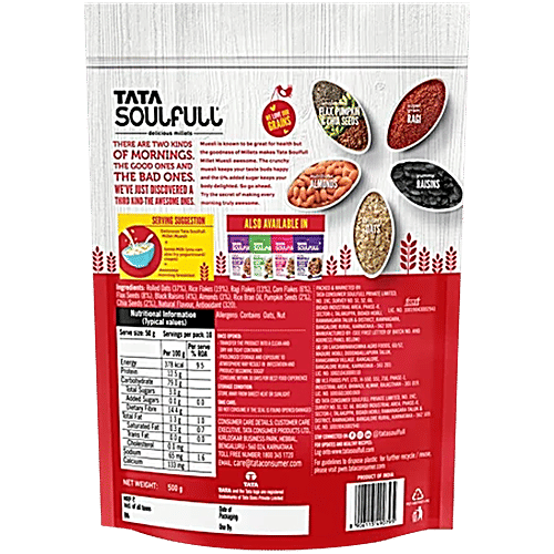 Tata Soulfull Millet Muesli - Breakfast Cereal, 0% Added Sugar, 500 g Pouch 0% Added Sugar, 97% Whole Grains, Fruit, Nuts & Seeds, Naturally Cholesterol Free, High Protein