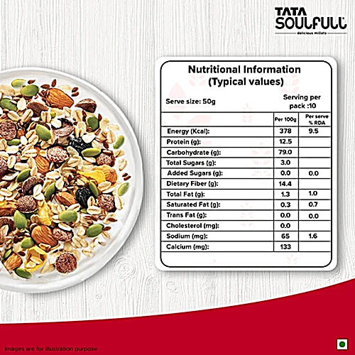 Tata Soulfull Millet Muesli - Breakfast Cereal, 0% Added Sugar, 500 g Pouch 0% Added Sugar, 97% Whole Grains, Fruit, Nuts & Seeds, Naturally Cholesterol Free, High Protein