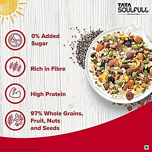 Tata Soulfull Millet Muesli - Breakfast Cereal, 0% Added Sugar, 500 g Pouch 0% Added Sugar, 97% Whole Grains, Fruit, Nuts & Seeds, Naturally Cholesterol Free, High Protein