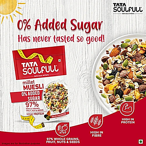 Tata Soulfull Millet Muesli - Breakfast Cereal, 0% Added Sugar, 500 g Pouch 0% Added Sugar, 97% Whole Grains, Fruit, Nuts & Seeds, Naturally Cholesterol Free, High Protein