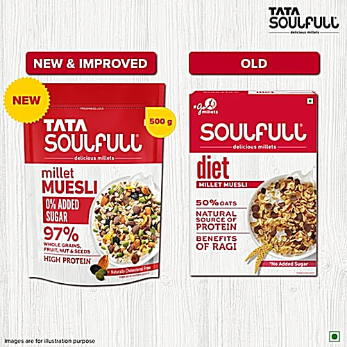 Tata Soulfull Millet Muesli - Breakfast Cereal, 0% Added Sugar, 500 g Pouch 0% Added Sugar, 97% Whole Grains, Fruit, Nuts & Seeds, Naturally Cholesterol Free, High Protein