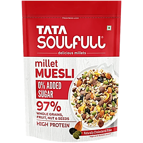 Tata Soulfull Millet Muesli - Breakfast Cereal, 0% Added Sugar, 500 g Pouch 0% Added Sugar, 97% Whole Grains, Fruit, Nuts & Seeds, Naturally Cholesterol Free, High Protein