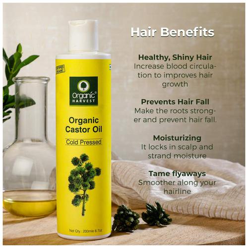 Organic Harvest Cold Pressed Castor Oil - 100% Pure & Organic,  For Moisturised Skin, Hair & Nail Growth, 200 ml  