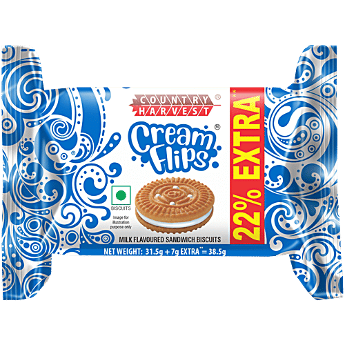 Country Harvest Cream Flips - Milk Flavoured Sandwich Biscuits, Fresh, Healthy & Wholesome, 38.5 g