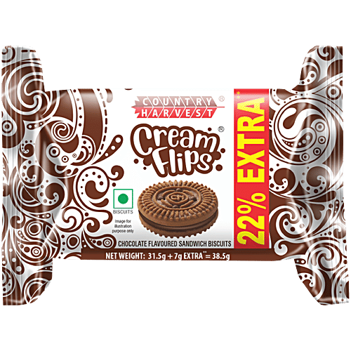 Country Harvest Cream Flips - Chocolate Flavoured Sandwich Biscuits, Fresh, Healthy & Wholesome, 38.5 g Pouch