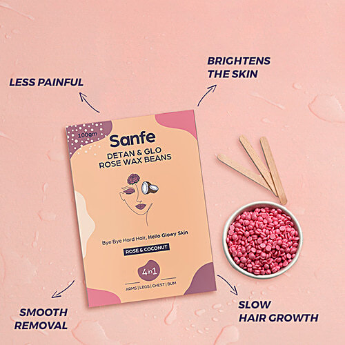 Sanfe Detan & Glo Rose Beans Wax - For Smooth Hair Removal, 100 g