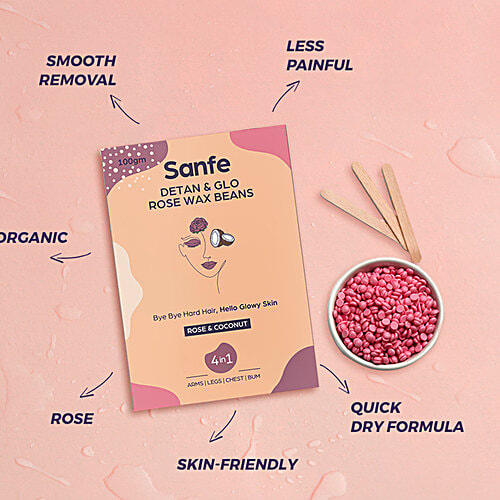 Sanfe Detan & Glo Rose Beans Wax - For Smooth Hair Removal, 100 g