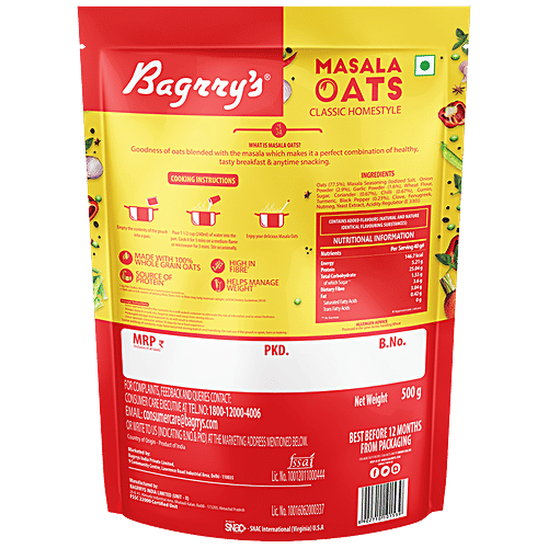 Bagrry's Masala Oats - Classic Homestyle, High In Fibre & Protein, Ready In 3 Minutes, 500 g Pouch 