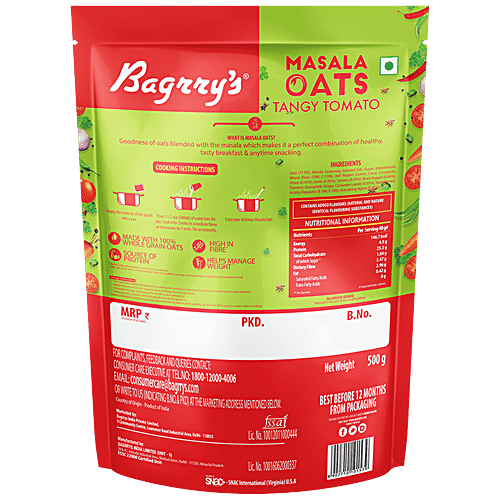 Bagrry's Masala Oats - Tangy Tomato, High In Fibre & Protein, Ready In 3 Minutes, 500 g Pouch 