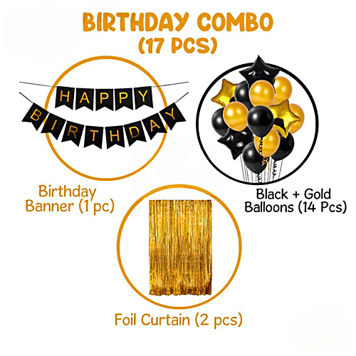 CherishX Decoration Set With Happy Birthday Banner, Golden Fringe Foil Curtain, Star & Metallic Balloons, Christmas, 17 pcs  