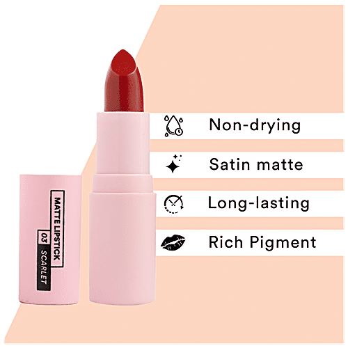 Sugar Pop Matte Lipstick - Enriched With Vitamin E, Long Lasting, Lightweight, Satin Finish, 4.2 g 03 Scarlet 