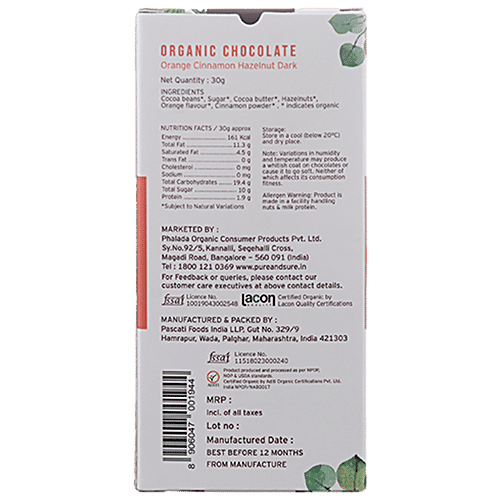 Phalada Pure & Sure Organic Chocolate Bar With Orange, Cinnamon, Hazelnut - Dark, Rich Flavour, 30 g  