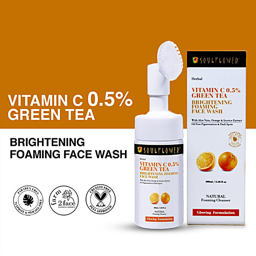 Soulflower Foaming Face Wash - With Vitamin C, Green Tea & Aloe Vera For Glowing Skin, Paraben Free, For Men & Women, 100 ml