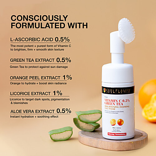 Soulflower Foaming Face Wash - With Vitamin C, Green Tea & Aloe Vera For Glowing Skin, Paraben Free, For Men & Women, 100 ml