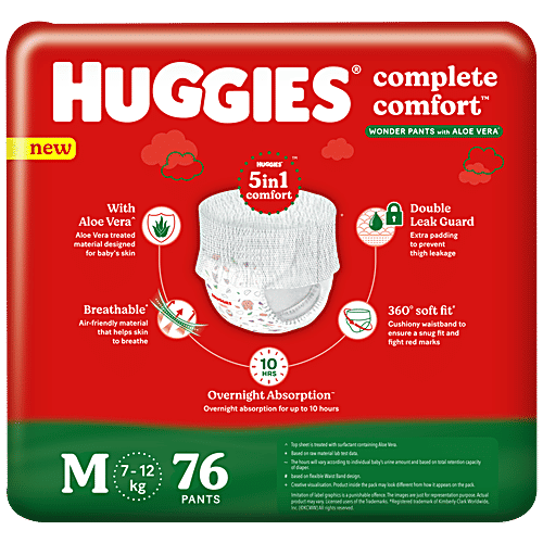 Huggies Complete Comfort Wonder Pants With Aloe Vera, Medium Size Baby Diaper Pants, 7-12 Kg, 5-In-1 Comfort, 76 pcs