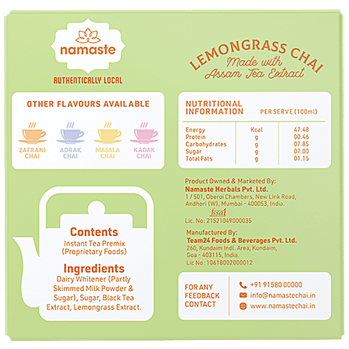 Namaste Chai 3-In-1 Instant Tea Premix - Lemongrass Flavour, Assam Tea, Ready Mix, Authentically Local, 220 g (10 Sachet x 22 g each) Authentically Local
 3-in-1 Instant Premix