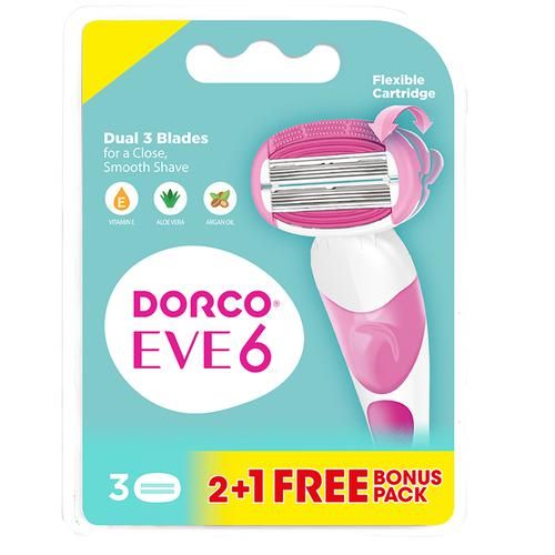 DORCO Eve 6 Cartridges - Dual Blades, With Vitamin E, Aloe Vera, For A Close & Clean Shave, 3 pcs  