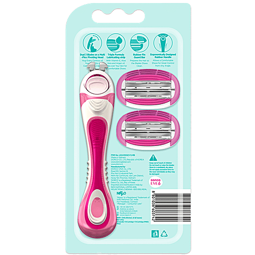 Dorco Eve 6 Razor System - With 2 Cartridges, Vitamin E, Aloe Vera, Argan Oil, Open Flow For Easy Rinsing, For A Smooth Shave, 2 pcs  