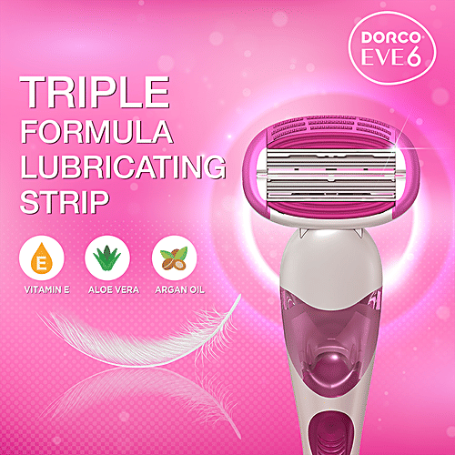 Dorco Eve 6 Razor System - With 2 Cartridges, Vitamin E, Aloe Vera, Argan Oil, Open Flow For Easy Rinsing, For A Smooth Shave, 2 pcs  
