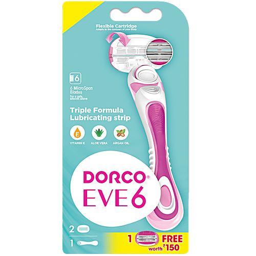 Dorco Eve 6 Razor System - With 2 Cartridges, Vitamin E, Aloe Vera, Argan Oil, Open Flow For Easy Rinsing, For A Smooth Shave, 2 pcs  