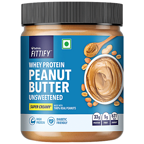 Saffola FITTIFY Whey Protein Peanut Butter Unsweetened Super Creamy, 340 g Jar 