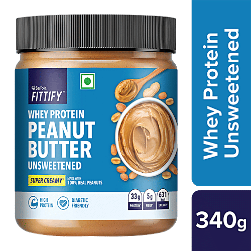 Saffola FITTIFY Whey Protein Peanut Butter Unsweetened Super Creamy, 340 g Jar 