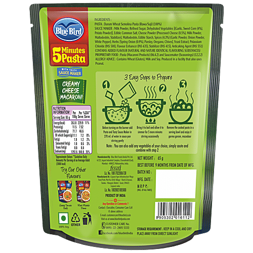 Blue Bird 5 Minutes Pasta Creamy Cheese Macaroni - Lip Smacking Taste, Rich In Carbohydrates & Proteins, 65 g  