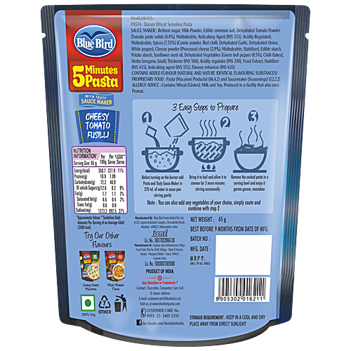 Blue Bird 5 Minutes Pasta Cheesy Tomato Fusilli With Tasty Sauce Maker - Spicy & Creamy, 65 g  