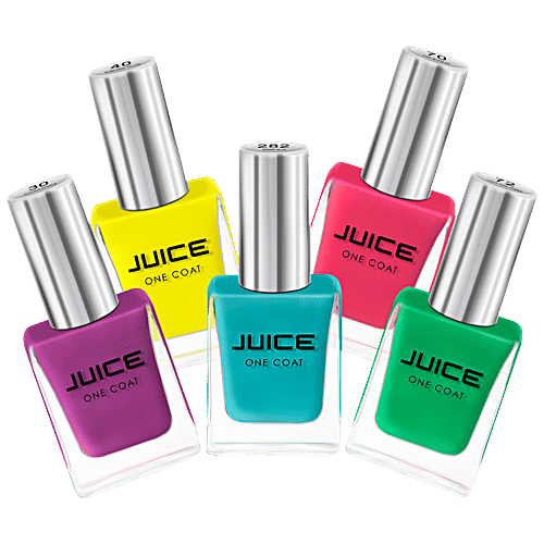 Juice Nail Polish - Fuchsia Purple, Bumblebee Yellow, Pink Bubbles, Light Pine Green, Robin Blue, Zero-Chip, Heavily Pigmented, 55 ml (Pack of 5) 