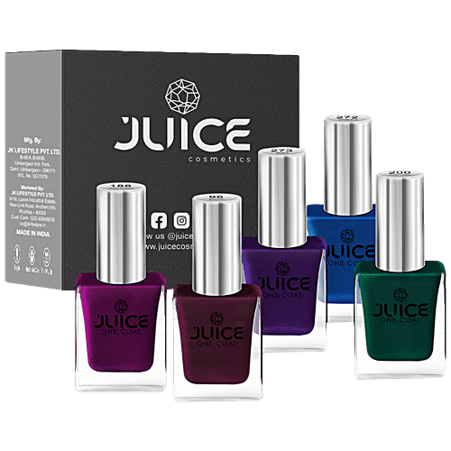 Juice Nail Polish - Mahogany, Pearly Magenta, Pearly Forest, Sapphire Blue, Eminence, Zero-chip, Heavily Pigmented, 55 ml (Pack of 5) 