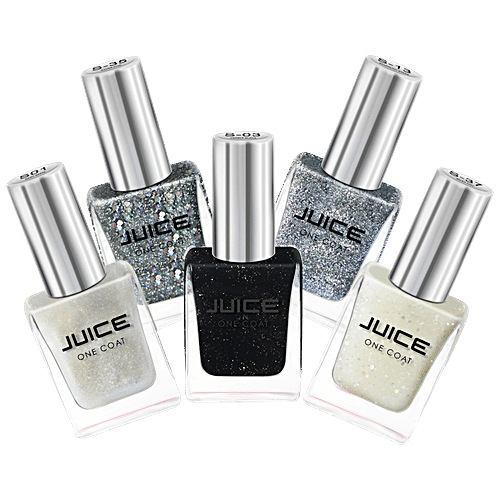 Juice Nail Polish - Silky White, Pearly Black, Sparkling Stars, Silver Diva, Milky Way, Zero-chip, Heavily Pigmented, 55 ml (Pack of 5) 