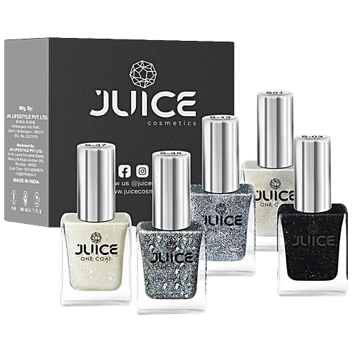 Juice Nail Polish - Silky White, Pearly Black, Sparkling Stars, Silver Diva, Milky Way, Zero-chip, Heavily Pigmented, 55 ml (Pack of 5) 