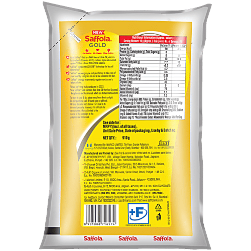 Saffola Gold Multi-Source Rice Bran & Corn Edible Oil, 910 g Pouch Fortified with Vitamins, Triple Anti-Oxidant System, Good MUFA PUFA Balance