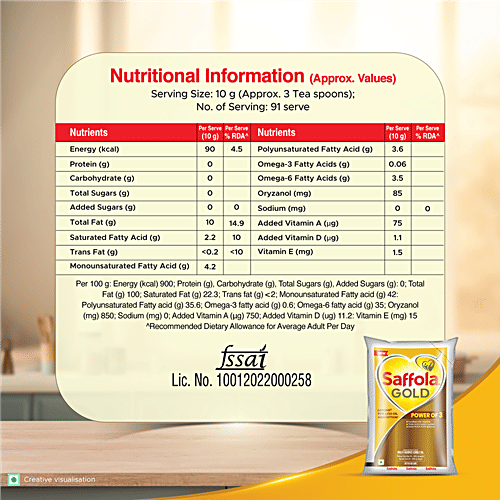 Saffola Gold Multi-Source Rice Bran & Corn Edible Oil, 910 g Pouch Fortified with Vitamins, Triple Anti-Oxidant System, Good MUFA PUFA Balance