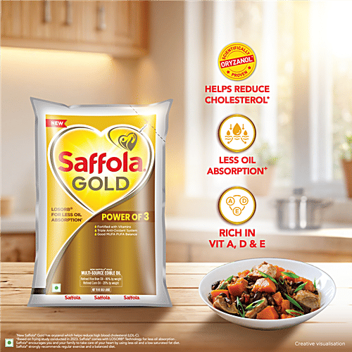 Saffola Gold Multi-Source Rice Bran & Corn Edible Oil, 910 g Pouch Fortified with Vitamins, Triple Anti-Oxidant System, Good MUFA PUFA Balance