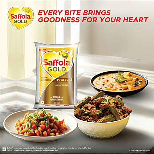 Saffola Gold Multi-Source Rice Bran & Corn Edible Oil, 910 g Pouch Fortified with Vitamins, Triple Anti-Oxidant System, Good MUFA PUFA Balance