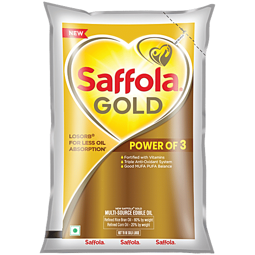 Saffola Gold Multi-Source Rice Bran & Corn Edible Oil, 910 g Pouch Fortified with Vitamins, Triple Anti-Oxidant System, Good MUFA PUFA Balance