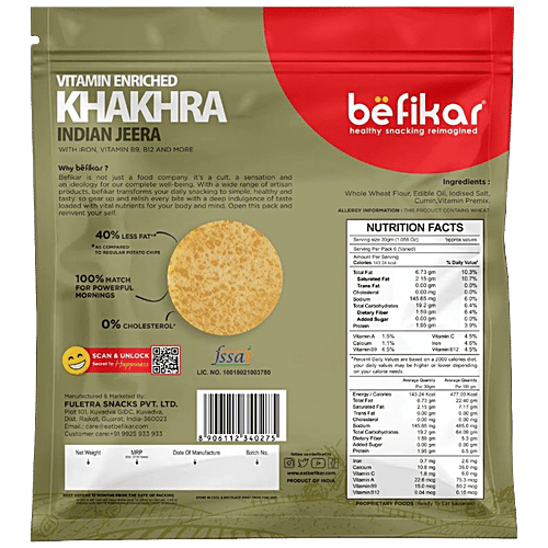 Befikar Vitamin Enriched Khakhra - Indian Jeera, Rich In Iron, Baked, Cholesterol Free, 180 g  