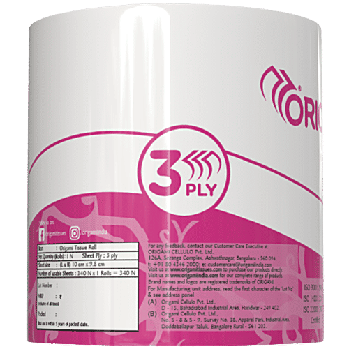 Origami 3 Ply Toilet Tissue Paper Roll, 340 Pulls  Super soft & safe
 Anti-clog feature
 Multi layer strength