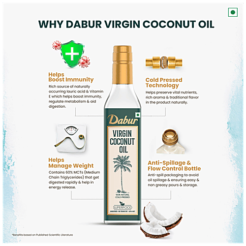 Dabur Virgin Coconut Oil - Cold Pressed, Natural, Unrefined, Helps Boost Immunity, 500 ml Bottle 