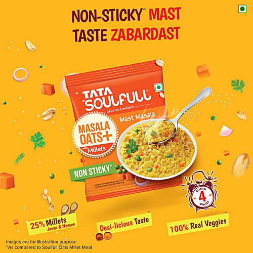 Tata Soulfull Masala Oats+ With 25% Millets, Mast Masala, Non-Sticky, 33 g Pouch Powered With 25% Millets, Non Sticky, Real Vegetables, High In Fibre