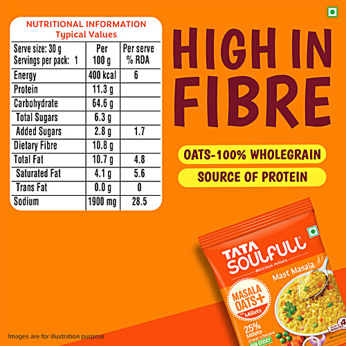 Tata Soulfull Masala Oats+ With 25% Millets, Mast Masala, Non-Sticky, 33 g Pouch Powered With 25% Millets, Non Sticky, Real Vegetables, High In Fibre